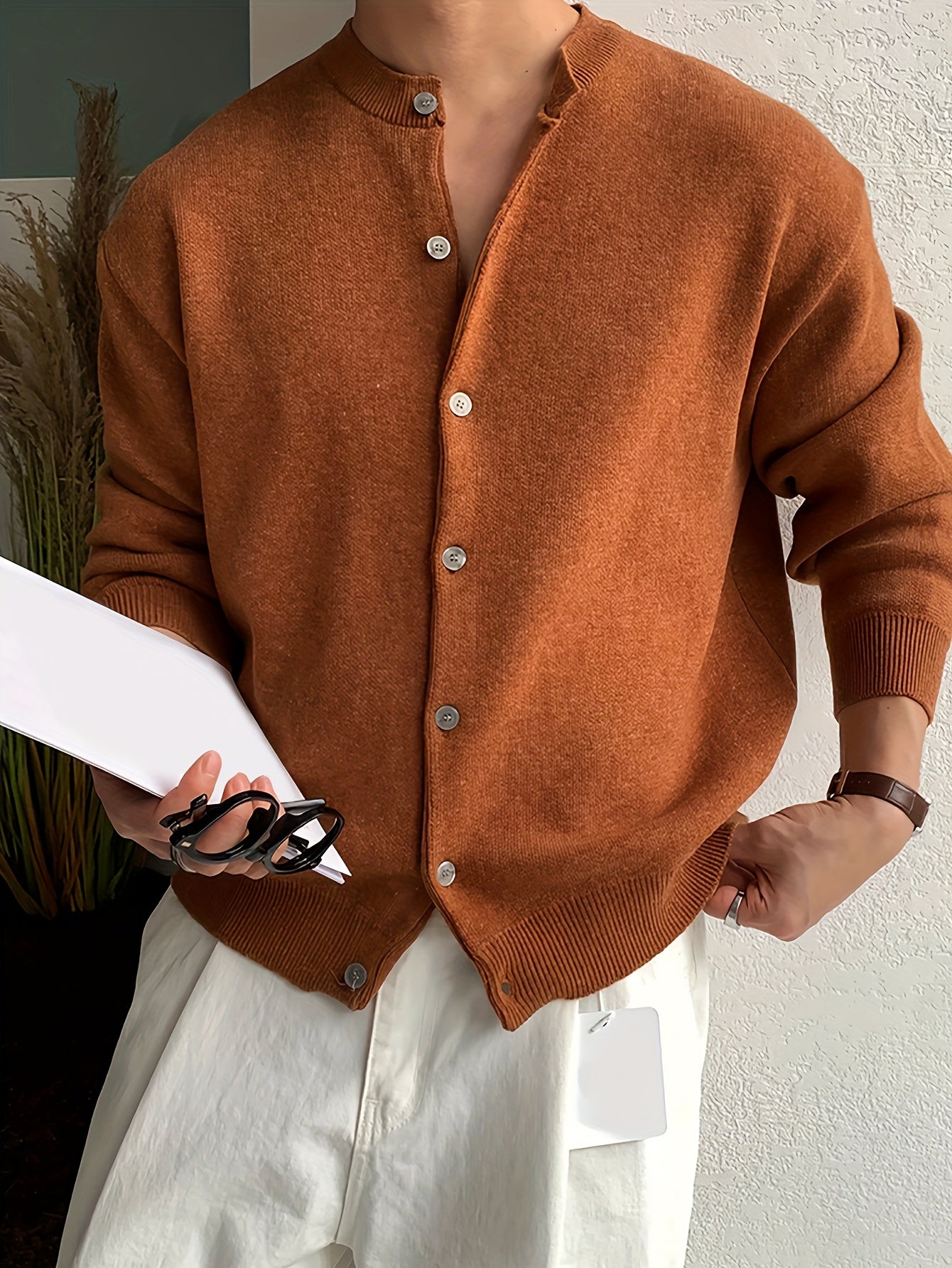 HEARUJOY  -  Cozy Long Sleeve Polyester Blend Cardigan - Men's Casual Solid Color Knit Button-Up Sweater for Fall/Winter, Korean Style, Loose Fit