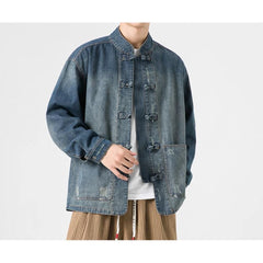 Hearujoy Retro Chinese Style Washed Denim Jacket For Men Spring Autumn Long Sleeved Stand Collar Top Fashion Vintage Ethnic Shirts Coat