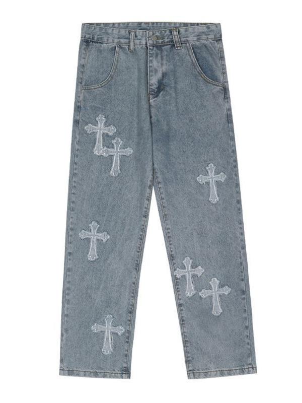 Hearujoy Blue men's vintage jeans with cross patch