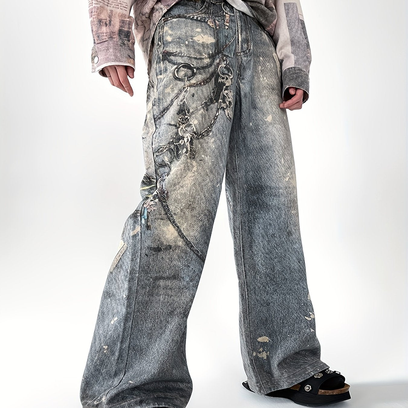 Hearujoy Unisex High Street Style Polyester 100% Geometric-Patterned Faux Denim Faux Denim, Non-Stretch Woven Fabric, Regular Fit with Pockets, Casual Daily Wear