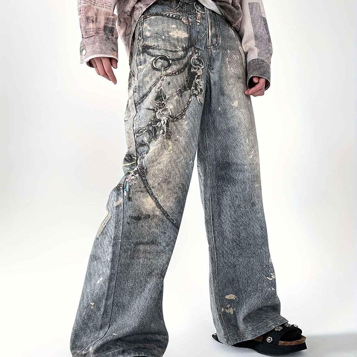 Hearujoy Unisex High Street Style Polyester 100% Geometric-Patterned Faux Denim Faux Denim, Non-Stretch Woven Fabric, Regular Fit with Pockets, Casual Daily Wear