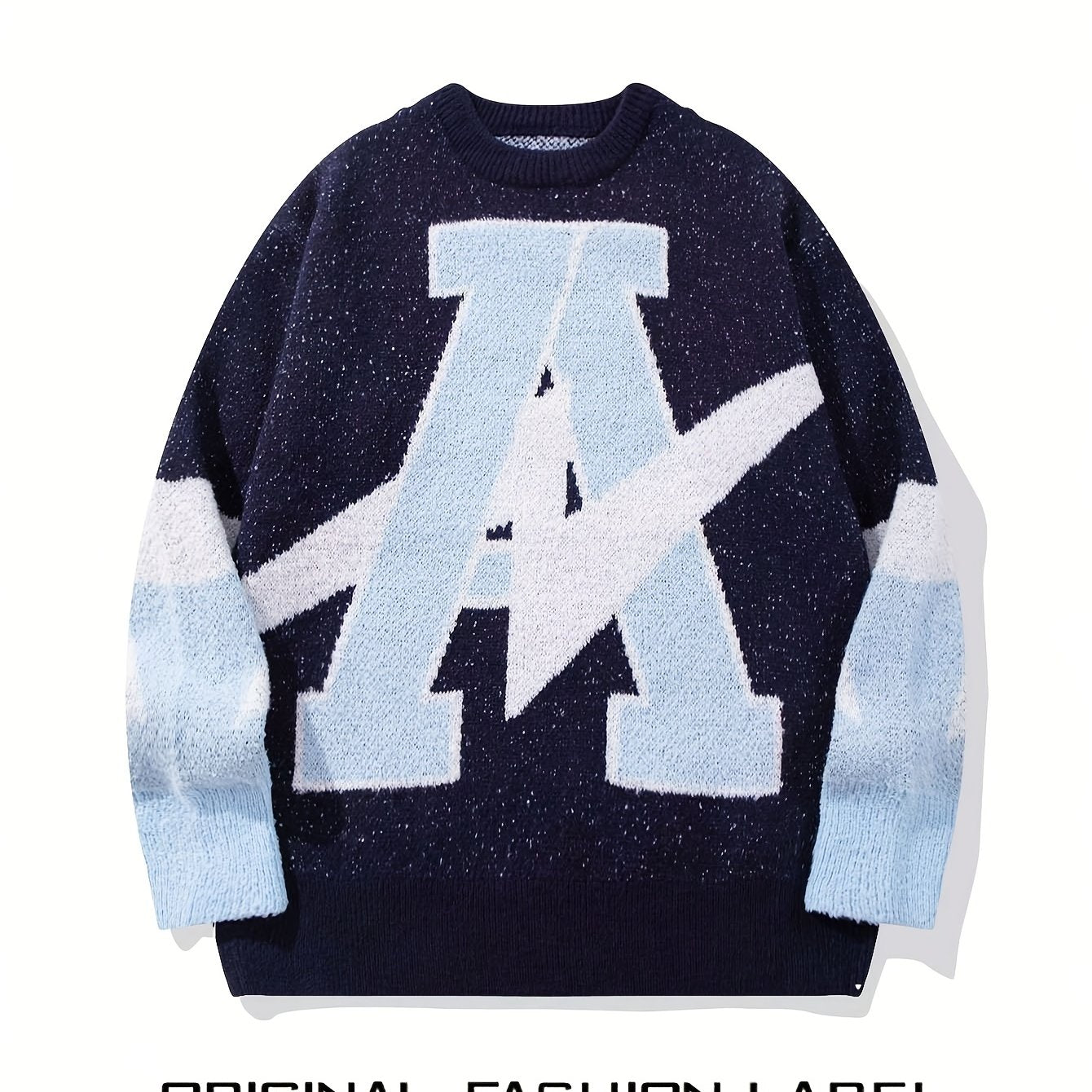 Hearujoy Navy Blue and Light Gray Letter "A" Knit Sweater - Casual, Loose Fit, Fashionable Pullover for Fall/Winter, Cute Sweaters