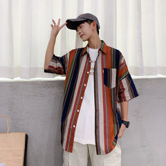 90s streetwear Summer New Men's Casual Short-Sleeved Shirt Trendy Korean Style Contrast Color Striped Loose Shirt 