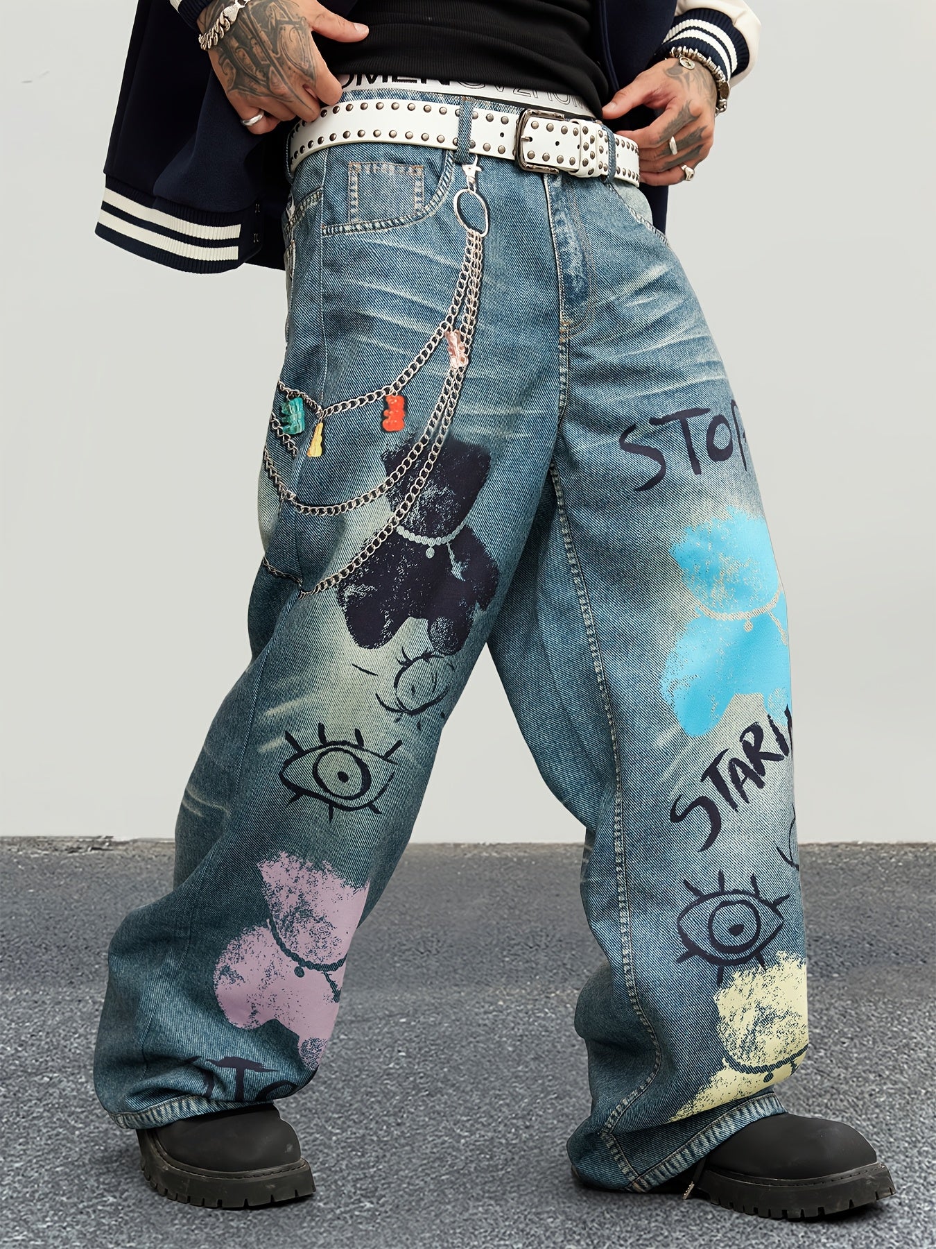 Hearujoy Men'S Street Style Wide Leg Faux Denim, 100% Polyester, Unique Chain Print & Burnout Design, Casual Mid Waist with Pockets, Non-Stretch Woven Fabric, Zipper Placket, Loose Fit, Regular Length