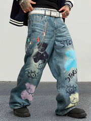 Hearujoy Men'S Street Style Wide Leg Faux Denim, 100% Polyester, Unique Chain Print & Burnout Design, Casual Mid Waist with Pockets, Non-Stretch Woven Fabric, Zipper Placket, Loose Fit, Regular Length
