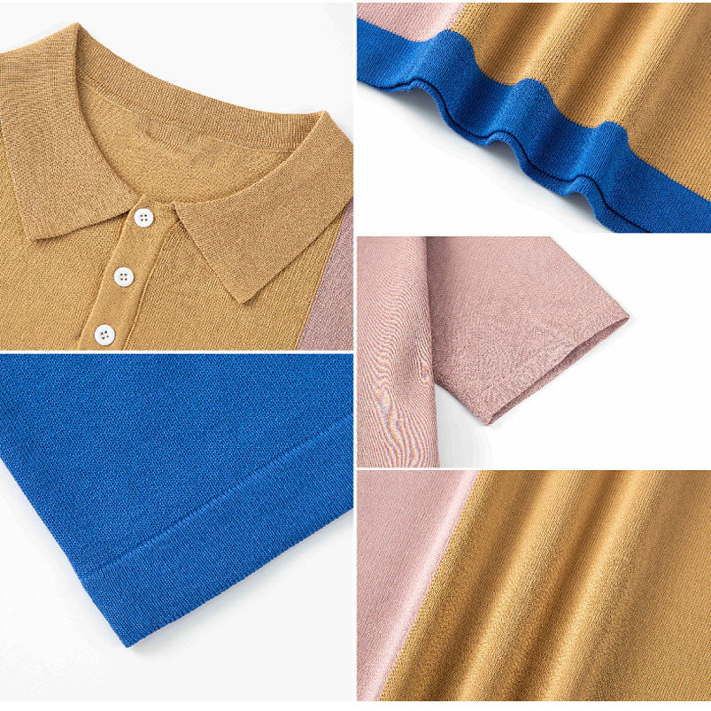 Hearujoy 2025 Summer New Mens contrast color Polo Shirts Knitwear Fashion Patchwork Knit Tops Short Sleeve Button Lapel Polo Tee Tshirt