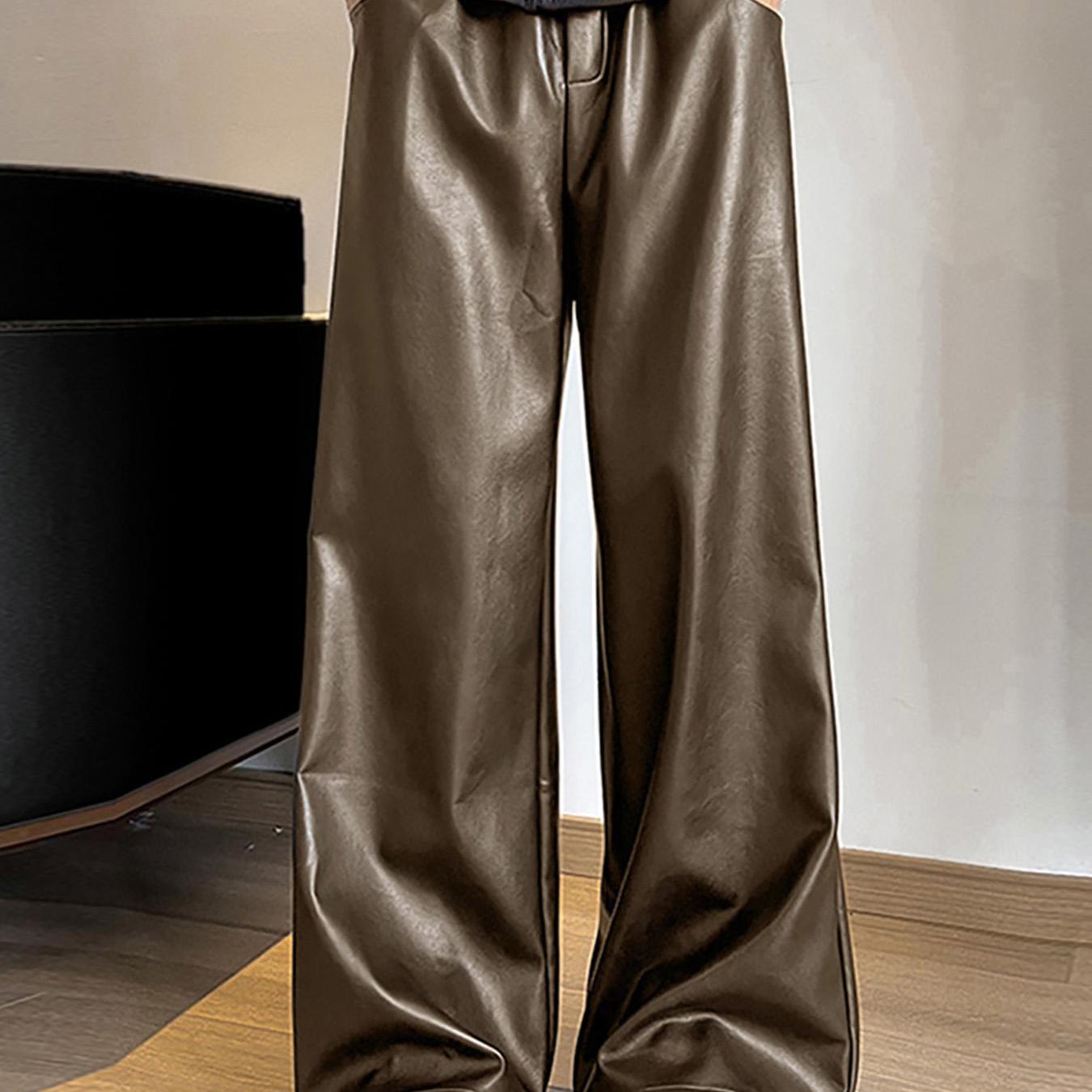 HEARUJOY  -  Men's Casual Straight Leg Pants with Buttoned Waist - Brown Shiny Fabric, Loose Fit for Streetwear, Hip-Hop Style, and Party Wear