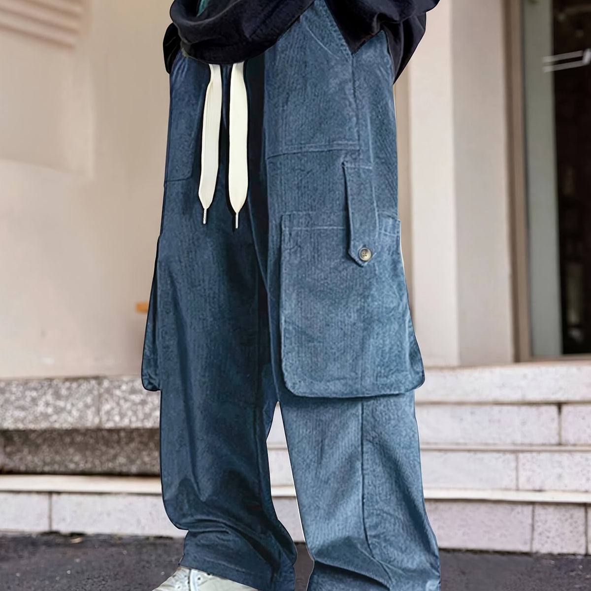 Hearujoy Men's Loose Solid Corduroy Pants With Multi Pockets, Casual Drawstring Trousers For Outdoor Activities Gift