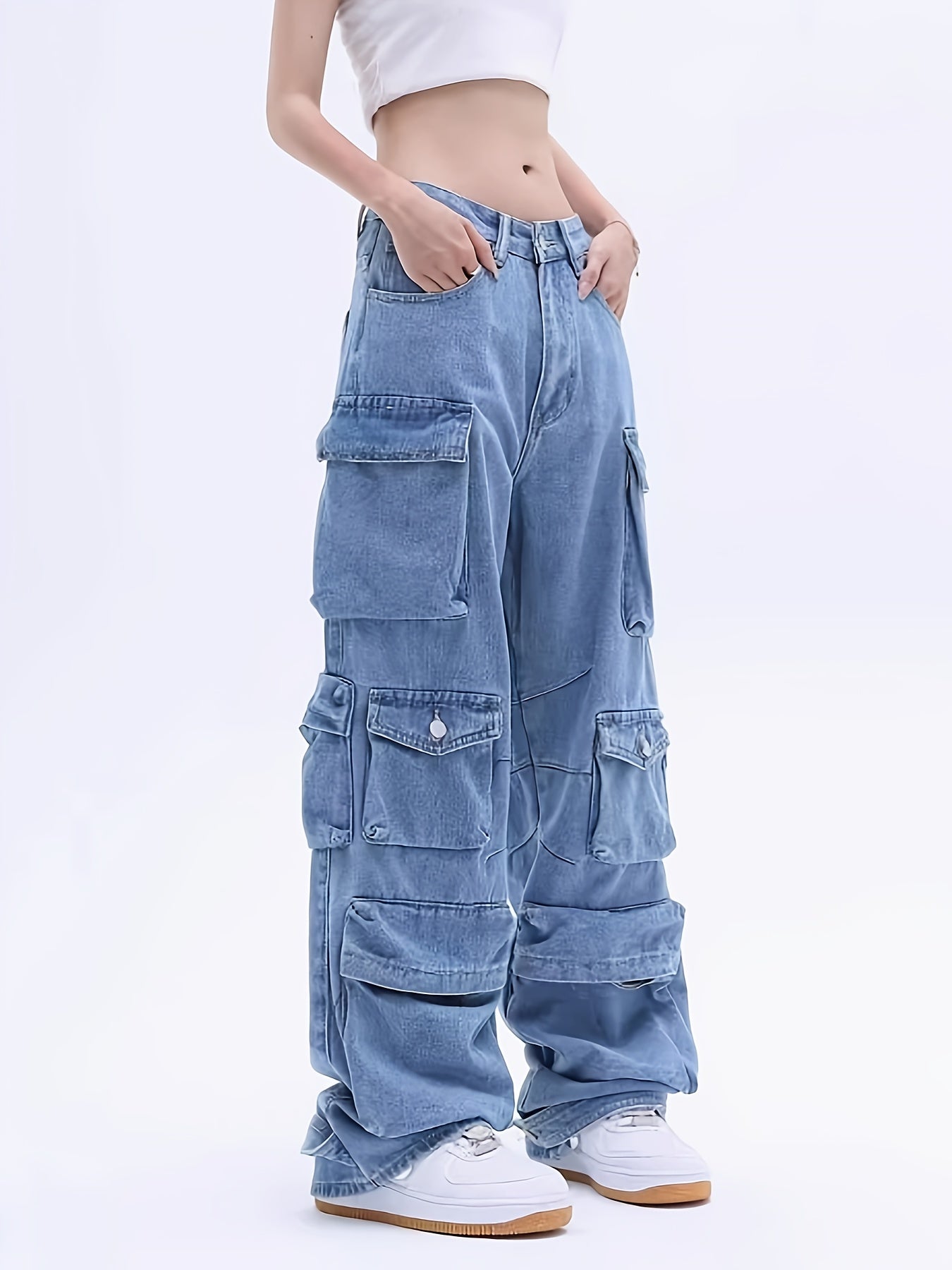 Hearujoy Baggy Cargo Pants For Womens Mens Y2K Loose Low Rise Wide Leg Jeans Harajuku Streetwear Clothes