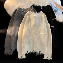 Hearujoy Vintage Hole Tassels Sweater Men Women Autumn Long Sleeves Kint Tops Fashion Loose Knitted Pullover Couples Unisex Streetwear