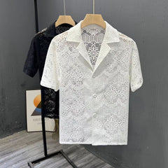 Hearujoy Vintage Ice Silk Lace Shirts For Men Sexy Lace Breathable Hollow Out Tops Summer Fashion Cuban Collar Short Sleeved Shirt Male