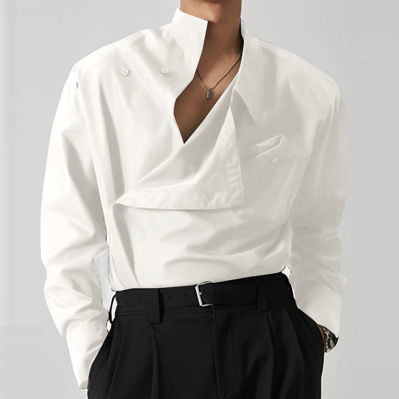 Hearujoy Irregular Design Buckle Lapel shirt For Men Vintage French Style Long Sleeve Loose Top Spring Autumn Fashion Show Chic Shirts