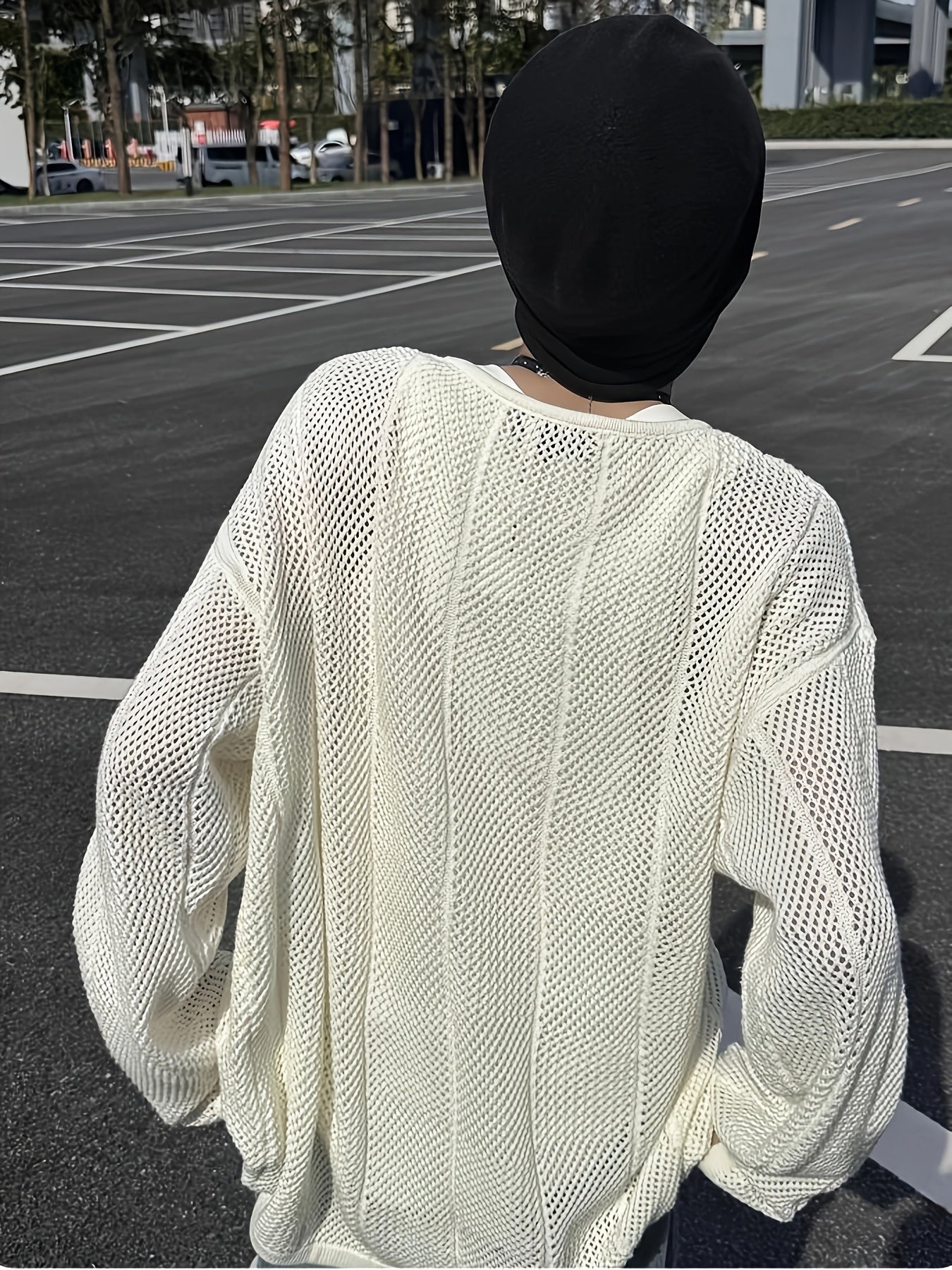 Hearujoy Men'S Casual Knitted Pullover Sweater with Hollow Geometric Square Pattern, Long Sleeves, Keyhole Collar, Loose Fit, 100% Polyester Fiber, Medium Elasticity, 7.76 oz/Square Meter, Suitable for Wearing on Spring And A