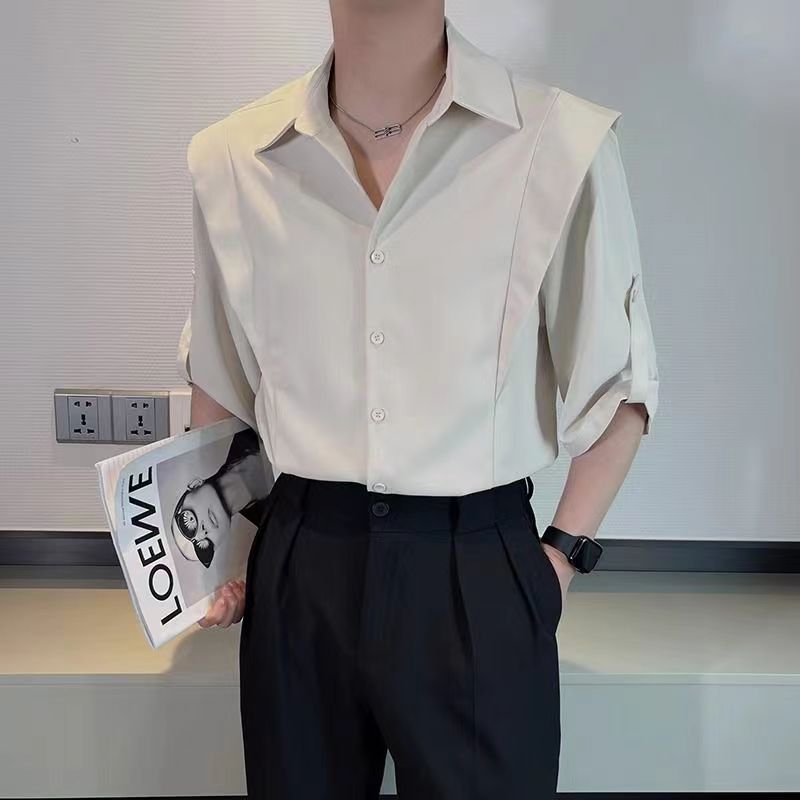 Hearujoy Summer Ice Silk Shirt For Men Fashion Casual Three Quarter Sleeve Tops Trendy Vintage Fake Two Shirts Streetwear Advanced Sense