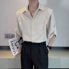 Hearujoy Summer Ice Silk Shirt For Men Fashion Casual Three Quarter Sleeve Tops Trendy Vintage Fake Two Shirts Streetwear Advanced Sense