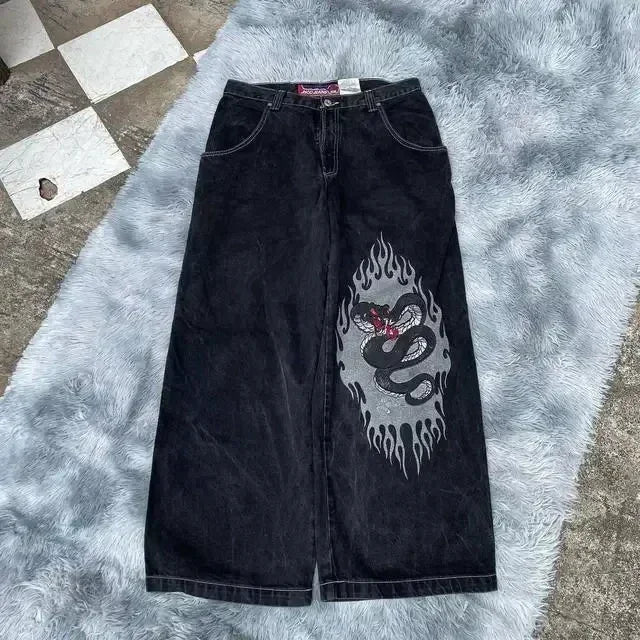 Hearujoy  90s Streetwear Jeans Streetwear Y2K Mens Hip Hop Graphic Print Retro Blue Baggy Jeans Denim Pants New Gothic High Waisted Wide Trousers