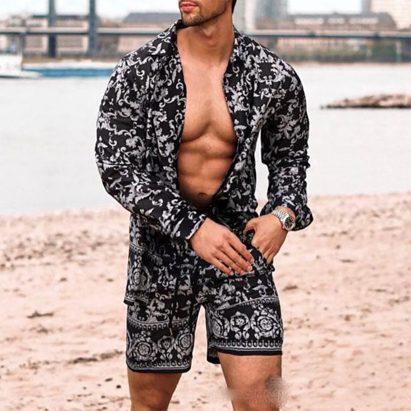 Hearujoy Summer Newest Men 2 Piece Suit Clothing Long-sleeved Printed Shirts Top With Casual Shorts Fashion Male  Beach Wear Loose Outfit