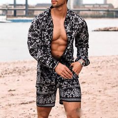 Hearujoy Summer Newest Men 2 Piece Suit Clothing Long-sleeved Printed Shirts Top With Casual Shorts Fashion Male  Beach Wear Loose Outfit