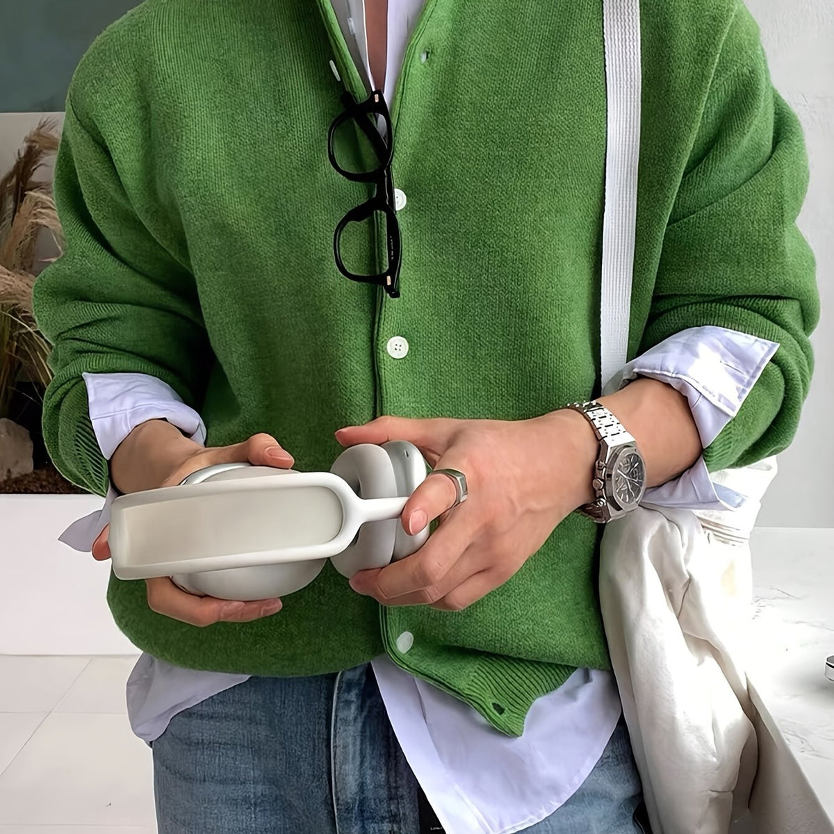 HEARUJOY  -  Cozy Long Sleeve Polyester Blend Cardigan - Men's Casual Solid Color Knit Button-Up Sweater for Fall/Winter, Korean Style, Loose Fit