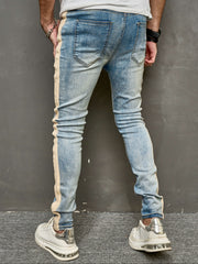 Hearujoy Cross border elastic slim fit motorcycle men's jeans, casual and versatile slimming pants, trendy contrasting striped leggings