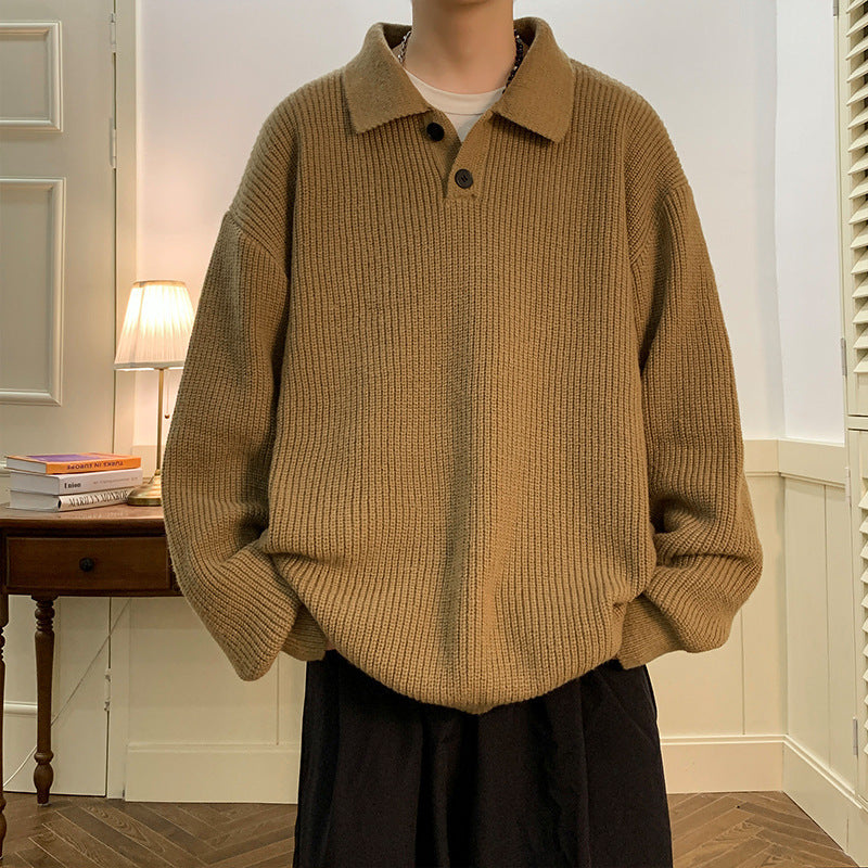 Hearujoy Vintage Mens Polo Neck Sweater Autumn Winter Long Sleeved Knitted Top Japanese Lazy Style Fashion Loose Knit Sweater Thick