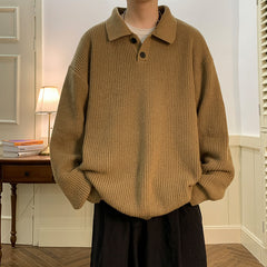 Hearujoy Vintage Mens Polo Neck Sweater Autumn Winter Long Sleeved Knitted Top Japanese Lazy Style Fashion Loose Knit Sweater Thick