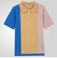Hearujoy 2025 Summer New Mens contrast color Polo Shirts Knitwear Fashion Patchwork Knit Tops Short Sleeve Button Lapel Polo Tee Tshirt