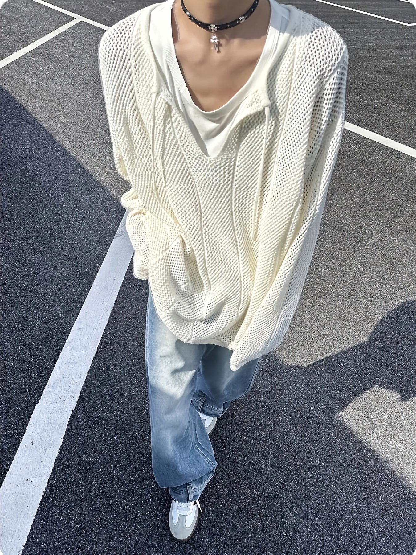 Hearujoy Men'S Casual Knitted Pullover Sweater with Hollow Geometric Square Pattern, Long Sleeves, Keyhole Collar, Loose Fit, 100% Polyester Fiber, Medium Elasticity, 7.76 oz/Square Meter, Suitable for Wearing on Spring And A