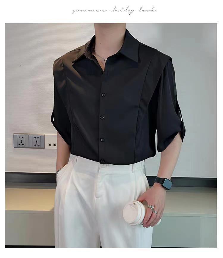 Hearujoy Summer Ice Silk Shirt For Men Fashion Casual Three Quarter Sleeve Tops Trendy Vintage Fake Two Shirts Streetwear Advanced Sense