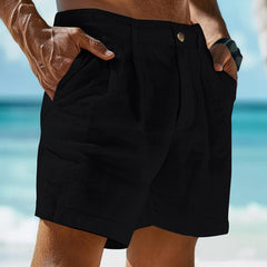 Hearujoy Summer Men Cotton Linen Shorts Solid Color Button Elastic Waist Beach Shorts Lightweight Gym Pants Comfort Breath Holiday Shorts