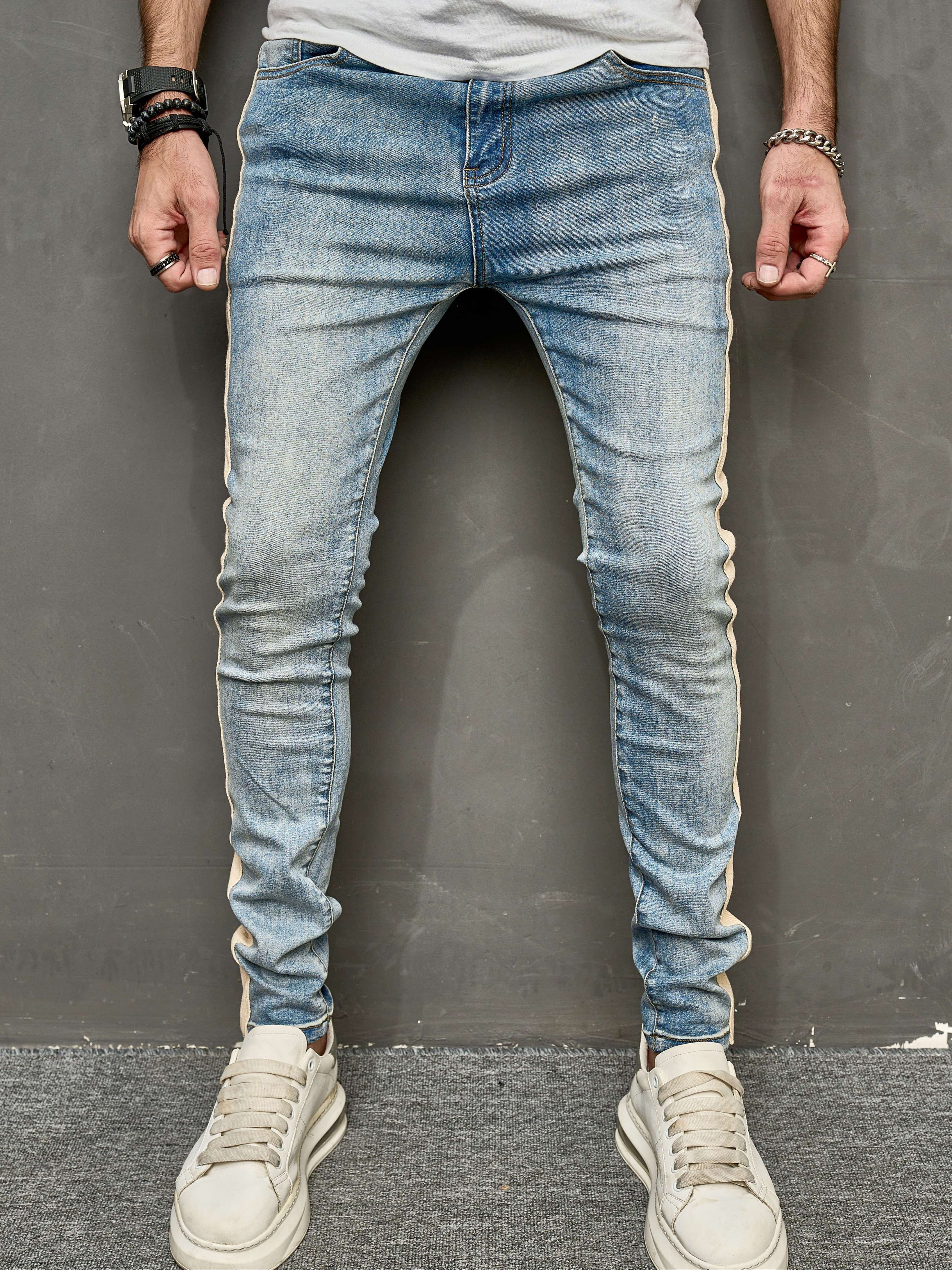 Hearujoy Cross border elastic slim fit motorcycle men's jeans, casual and versatile slimming pants, trendy contrasting striped leggings