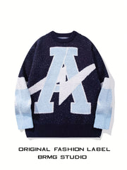 Hearujoy Navy Blue and Light Gray Letter "A" Knit Sweater - Casual, Loose Fit, Fashionable Pullover for Fall/Winter, Cute Sweaters