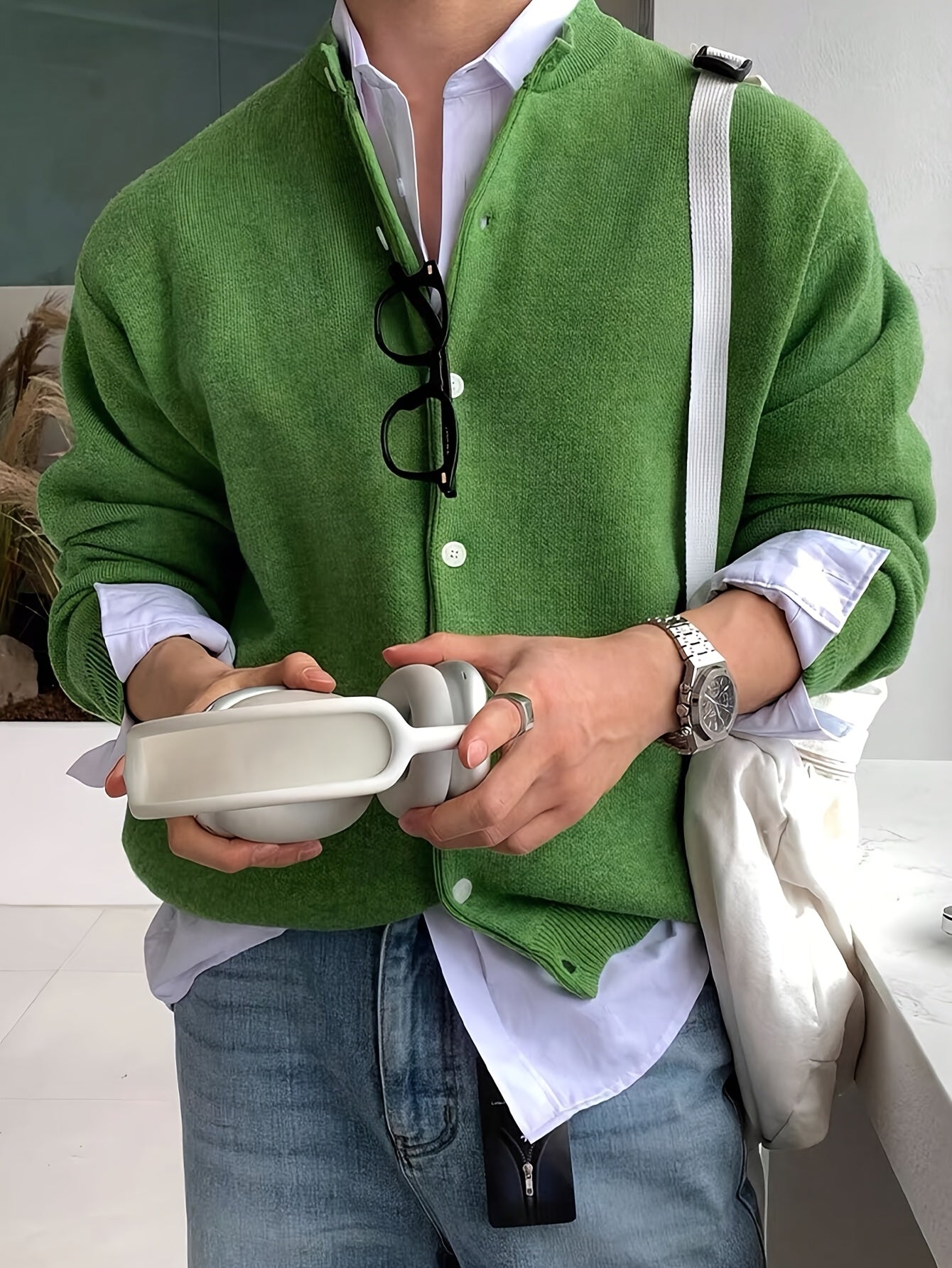 HEARUJOY  -  Cozy Long Sleeve Polyester Blend Cardigan - Men's Casual Solid Color Knit Button-Up Sweater for Fall/Winter, Korean Style, Loose Fit