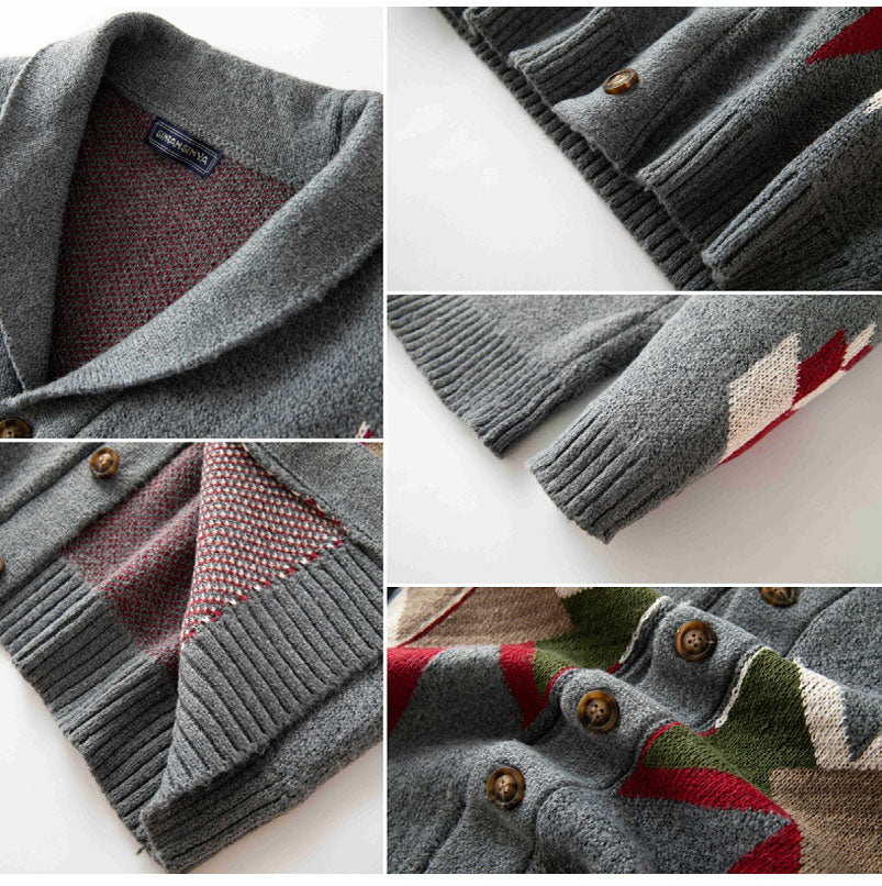 Hearujoy Autumn Winter Vintage Heavy-duty Jacquard Sweater Men Lapel Thick Knit Cardigan British Style Geometric Patterns Knitwear Coat