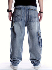 Hearujoy [Loose Oversized Light Jeans] Men's multi pocket light colored jeans, loose and oversized long pants, men's street trend hip-hop oversized street dance skateboard pants, suitable for all seasons