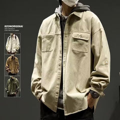 Hearujoy American Retro Shirt For Men Safari Style 100% Cotton Long Sleeve Tops Casual Vintage Loose Oversize Shirts Autumn Streetwear