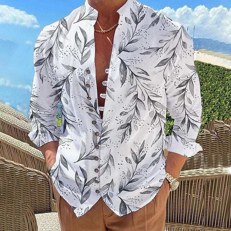 Hearujoy Vintage 3D Print Shirt Mens Long Sleeve Stand Collar Loose Casual Top Streetwear Spring Autumn Fashion Retro Shirts For Men