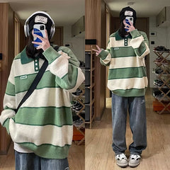 Hearujoy Retro Striped Knitted Polo Shirt Men Autumn Winter Thick Contrast Color Sweater Japanese Lazy Style Loose Trendy Knit Tops