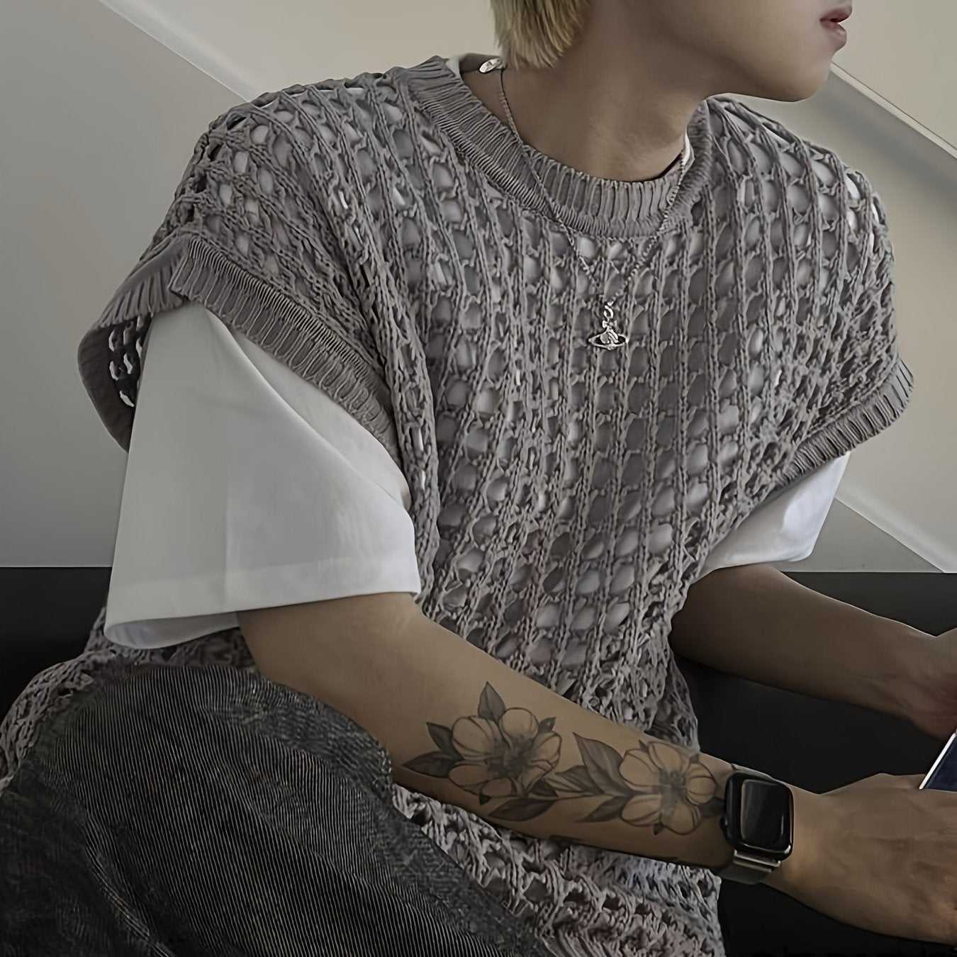 Hearujoy Solid Color Viscose Tank Top - Men's Fashion Hollow-Out Crew Neck Sleeveless Knit Vest for Casual, Outdoor, Streetwear - Spring/Summer/Fall Season