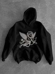 Hearujoy Men's Casual Cupid Angel Print Hoodie - Soft Polyester, Loose Fit, Long Sleeve with Kangaroo Pocket - Ideal for Valentine's Day & Casual Attire, Hoodies for Guys