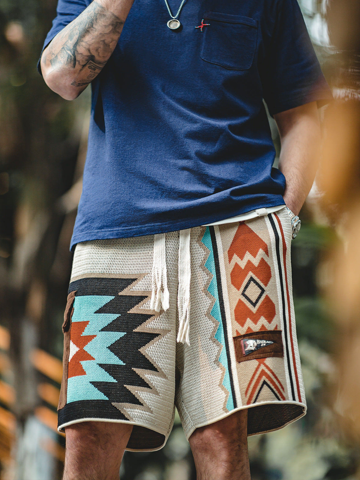 Hearujoy American Vintage Navajo Knit Shorts Summer Mens Ethnic Style Patchwork Pocket Short Trousers Summer Breathable Loose Shorts