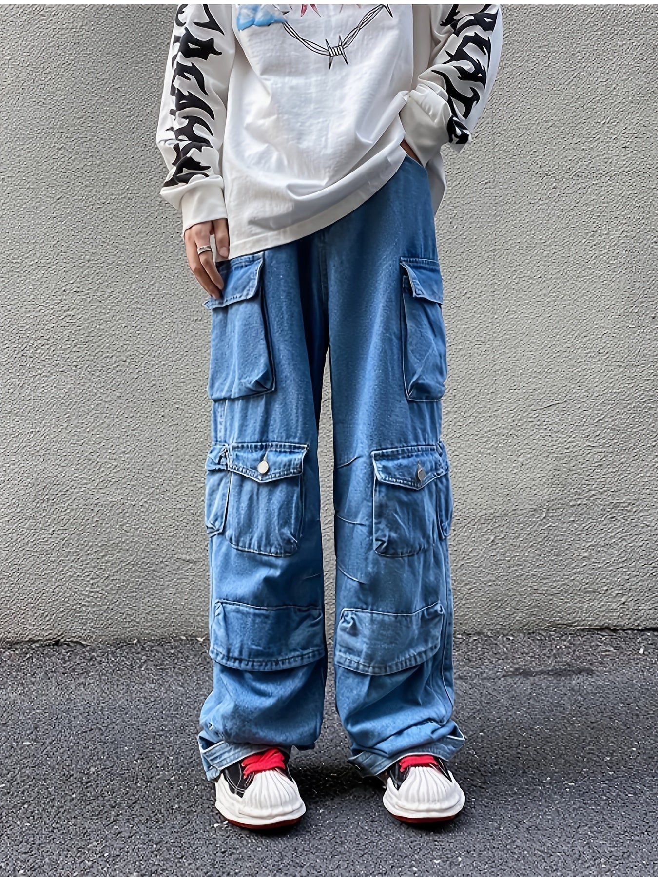 Hearujoy Baggy Cargo Pants For Womens Mens Y2K Loose Low Rise Wide Leg Jeans Harajuku Streetwear Clothes