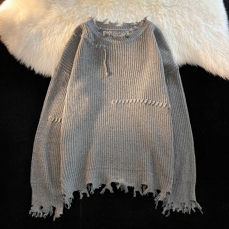 Hearujoy Vintage Hole Tassels Sweater Men Women Autumn Long Sleeves Kint Tops Fashion Loose Knitted Pullover Couples Unisex Streetwear