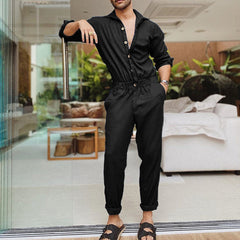 Hearujoy Fashion Men Jumpsuits Solid Color Lapel Long Sleeve Casual Cargo Clothes Overalls Male Rompers Streetwear Girdle Waist Siamese