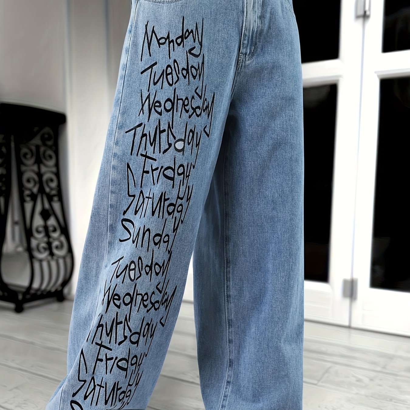 Hearujoy Y2K-Inspired Men's Hip-Hop Printed Jeans - Casual Loose Fit Straight Leg Denim for Streetwear, Skateboarding & Jogging