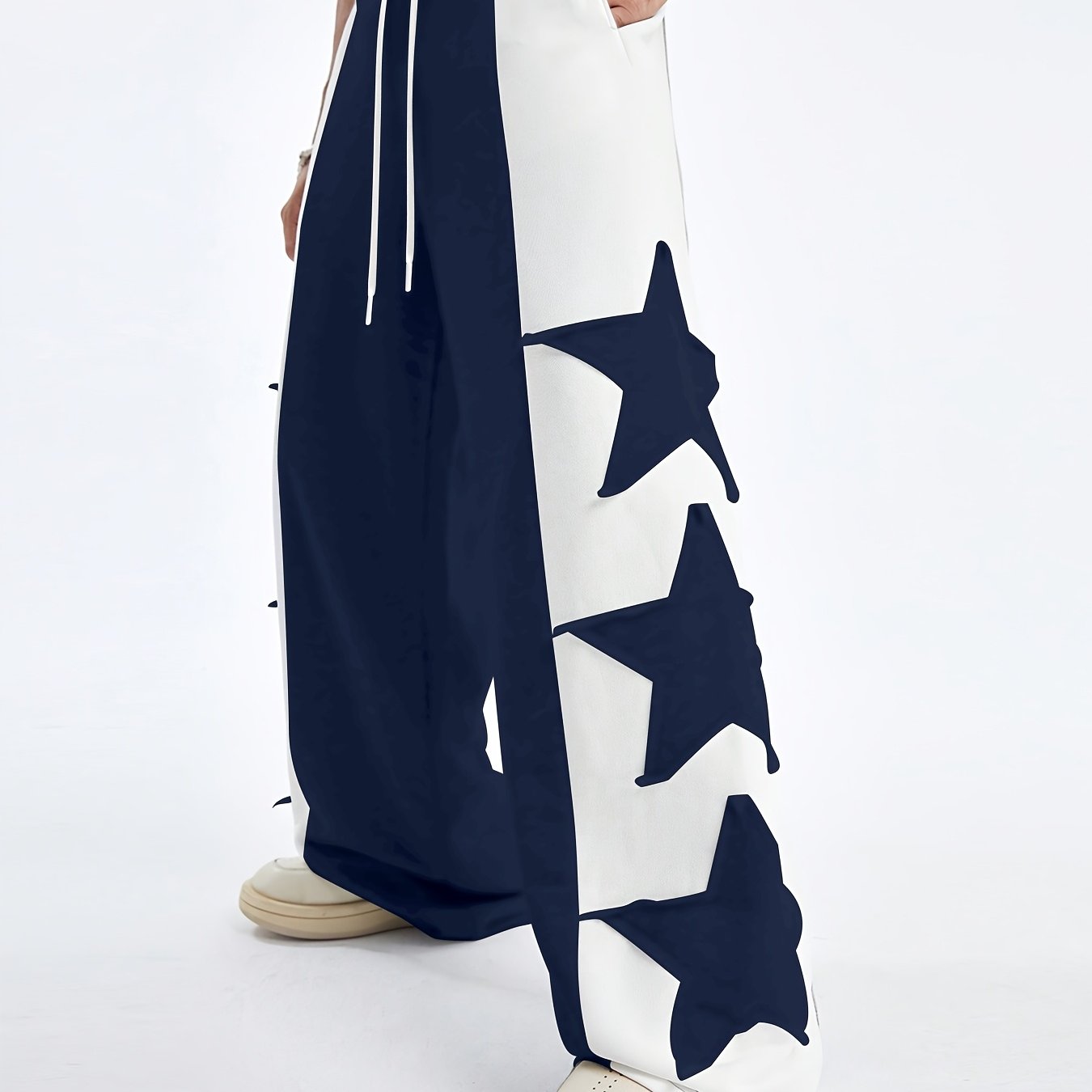 Hearujoy Star Pattern Contrast Trousers, High Street Style Casual Loose Sports Pants with Stitching Detail, Machine Washable Polyester, Daily, Polyester