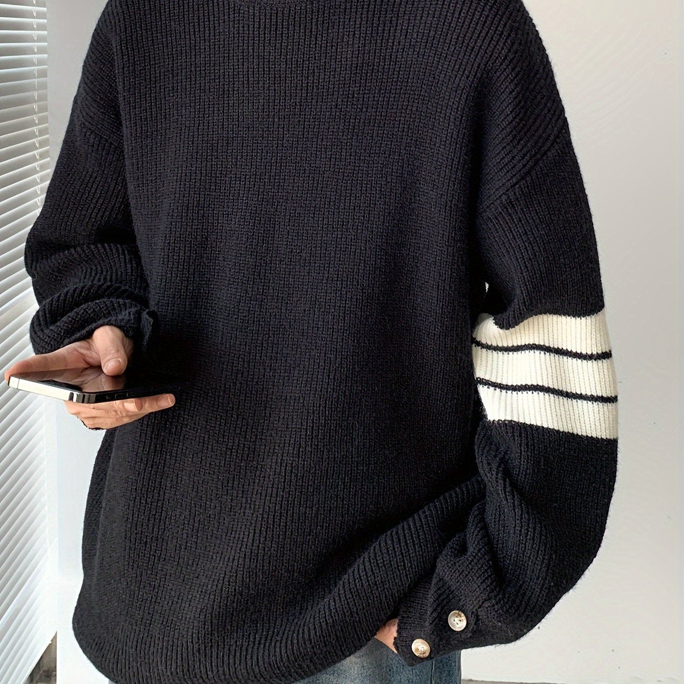 Men'S Casual Crew Neck Knit Sweater, Polyester Blend, Loose Fit Pullover, with Stripe Detail and Button Sleeves, for Fall & Winter