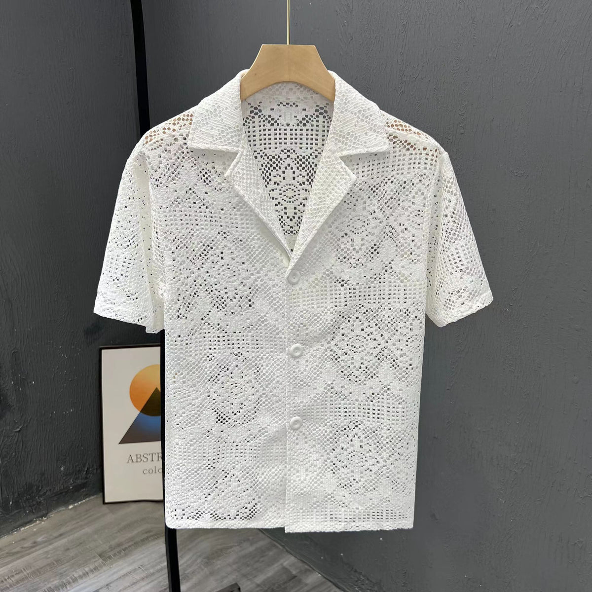 Hearujoy Vintage Ice Silk Lace Shirts For Men Sexy Lace Breathable Hollow Out Tops Summer Fashion Cuban Collar Short Sleeved Shirt Male