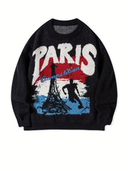 Hearujoy Unisex Casual Crew Neck Sweatshirt, Paris Eiffel Tower Graphic, Long Sleeve Knit Pullover, Fall/Winter Acrylic Blend (42%), Polyester (30%), Polyamide (28%) with Medium Stretch, Loose Fit