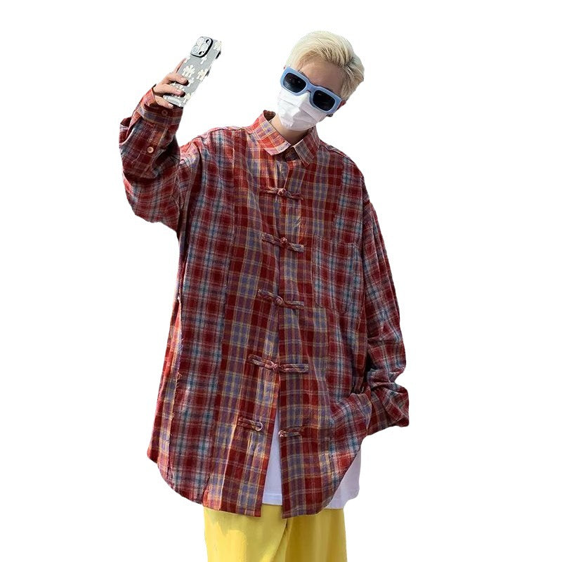 Hearujoy American Vintage Streetwear For Men Plaid Shirt Loose Casual Long Sleeve Buckle Top Autumn Fashion Trend Couple Shirts Clothing